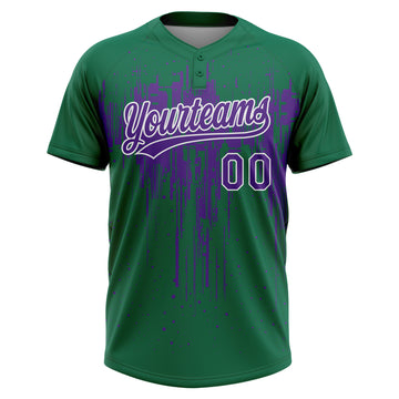Custom Kelly Green Purple-White Dripping Splatter Paint Two-Button Unisex Softball Jersey