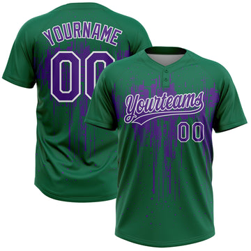 Custom Kelly Green Purple-White Dripping Splatter Paint Two-Button Unisex Softball Jersey
