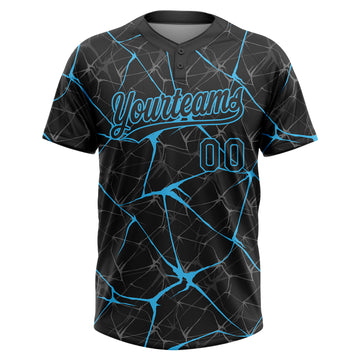 Custom Black Sky Blue 3D Pattern Design Abstract Network Two-Button Unisex Softball Jersey