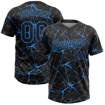 Custom Black Electric Blue 3D Pattern Design Abstract Network Two-Button Unisex Softball Jersey