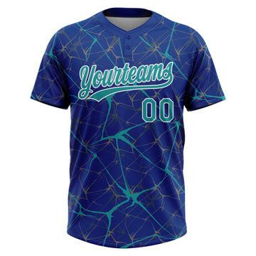Custom Royal Teal-White 3D Pattern Design Abstract Network Two-Button Unisex Softball Jersey
