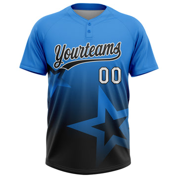 Custom Electric Blue Black-White Gradient Style Twinkle Star Two-Button Unisex Softball Jersey