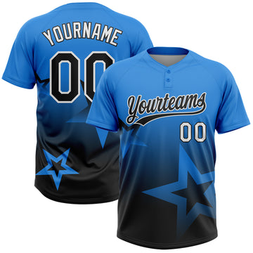 Custom Electric Blue Black-White Gradient Style Twinkle Star Two-Button Unisex Softball Jersey