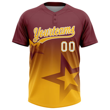 Custom Burgundy Gold-White Gradient Style Twinkle Star Two-Button Unisex Softball Jersey