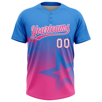 Custom Electric Blue Pink-White Gradient Style Twinkle Star Two-Button Unisex Softball Jersey