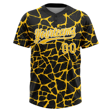 Custom Black Yellow-White 3D Pattern Design Abstract Network Crackle Two-Button Unisex Softball Jersey