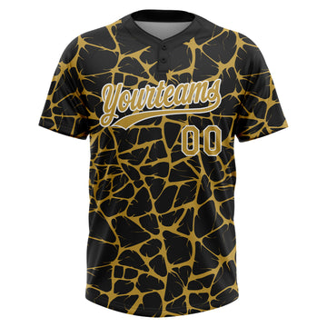 Custom Black Old Gold-White 3D Pattern Design Abstract Network Crackle Two-Button Unisex Softball Jersey