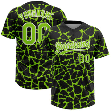 Custom Black Neon Green-White 3D Pattern Design Abstract Network Crackle Two-Button Unisex Softball Jersey