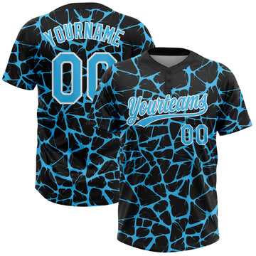 Custom Black Sky Blue-White 3D Pattern Design Abstract Network Crackle Two-Button Unisex Softball Jersey