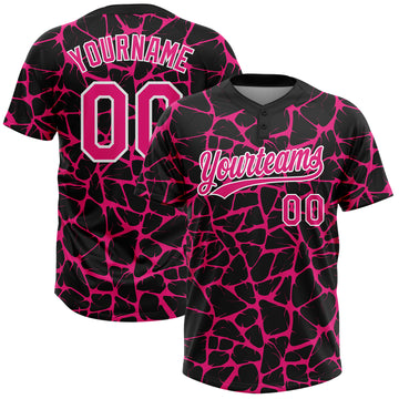 Custom Black Hot Pink-White 3D Pattern Design Abstract Network Crackle Two-Button Unisex Softball Jersey