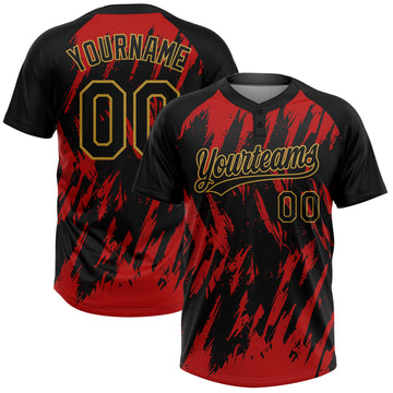 Custom Black Red-Old Gold Splatter Torn Sharp Brush Stroke Two-Button Unisex Softball Jersey