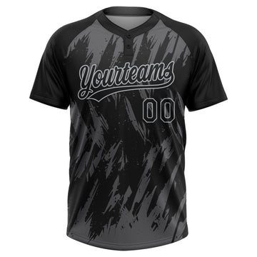 Custom Black Steel Gray-Gray Splatter Torn Sharp Brush Stroke Two-Button Unisex Softball Jersey