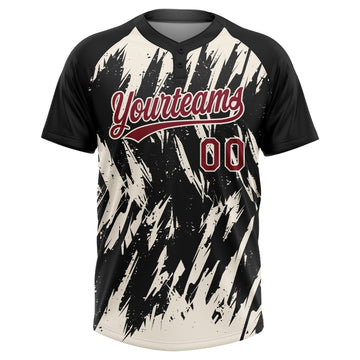 Custom Black Crimson-Cream Splatter Torn Sharp Brush Stroke Two-Button Unisex Softball Jersey