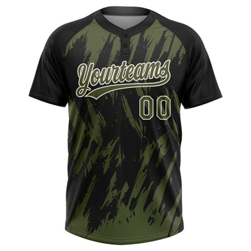 Custom Black Olive-Cream Splatter Torn Sharp Brush Stroke Two-Button Unisex Softball Jersey