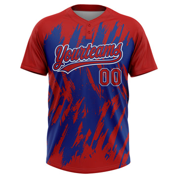 Custom Red Royal-White Splatter Torn Sharp Brush Stroke Two-Button Unisex Softball Jersey