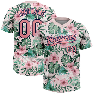 Custom White Medium Pink-Navy Hawaii Palm Leaves And Flowers Two-Button Unisex Softball Jersey
