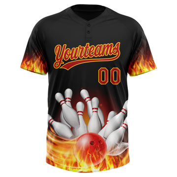Custom Black Red-Yellow Flame Bowling 3D Pattern Design Two-Button Unisex Softball Jersey
