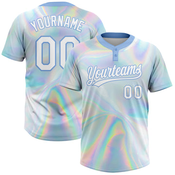 Custom White Light Blue Abstract Trendy Holographic Vaporwave Style 3D Pattern Design Two-Button Unisex Softball Jersey
