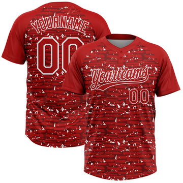 Custom Red-White Raglan Sleeves Distressed Fragment Brush Stroke Two-Button Unisex Softball Jersey
