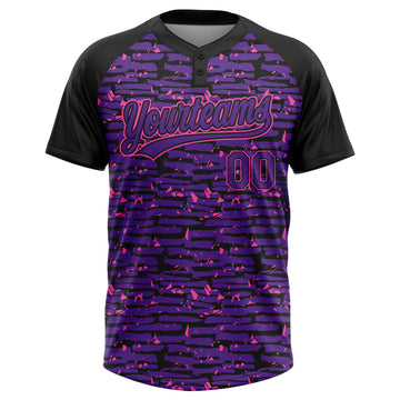 Custom Purple Black-Pink Raglan Sleeves Distressed Fragment Brush Stroke Two-Button Unisex Softball Jersey