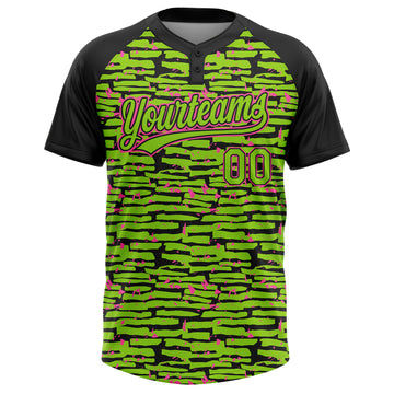 Custom Neon Green Black-Pink Raglan Sleeves Distressed Fragment Brush Stroke Two-Button Unisex Softball Jersey