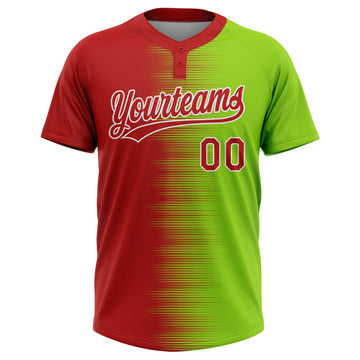 Custom Neon Green Red-White Gradient Horizontal Stripe Two-Button Unisex Softball Jersey