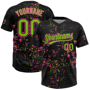 Custom Black Neon Green-Pink Abstract Shattered Paint Splatter Two-Button Unisex Softball Jersey