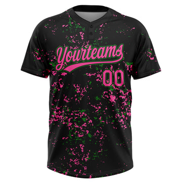 Custom Black Pink-Grass Green Abstract Shattered Paint Splatter Two-Button Unisex Softball Jersey