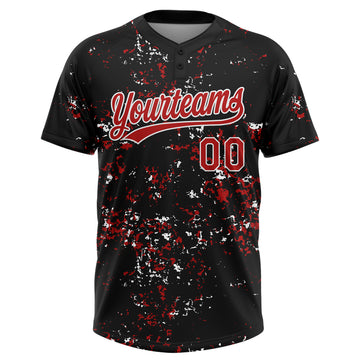 Custom Black Red-White Abstract Shattered Paint Splatter Two-Button Unisex Softball Jersey