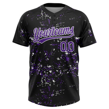 Custom Black Purple-White Abstract Shattered Paint Splatter Two-Button Unisex Softball Jersey