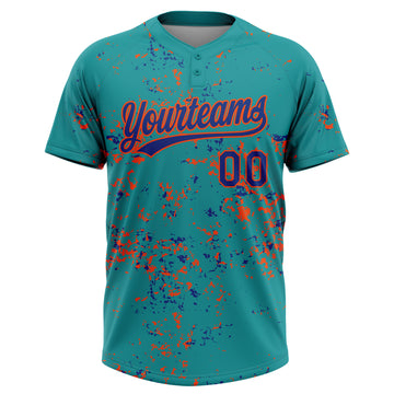 Custom Teal Royal-Orange Abstract Shattered Paint Splatter Two-Button Unisex Softball Jersey