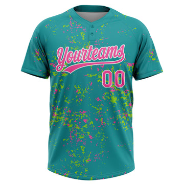 Custom Teal Pink Neon Green-White Abstract Shattered Paint Splatter Two-Button Unisex Softball Jersey