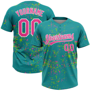 Custom Teal Pink Neon Green-White Abstract Shattered Paint Splatter Two-Button Unisex Softball Jersey