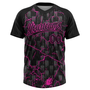 Custom Black Deep Pink-Gray Raglan Sleeves Neon Lightning Crackle Two-Button Unisex Softball Jersey
