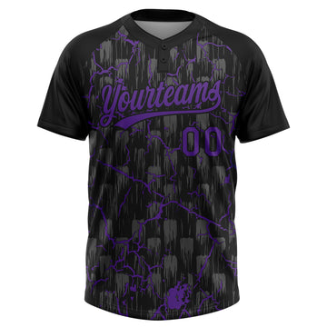 Custom Black Purple-Gray Raglan Sleeves Neon Lightning Crackle Two-Button Unisex Softball Jersey