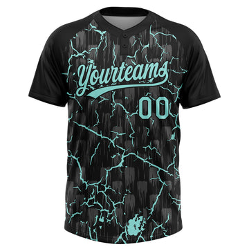 Custom Black Ice Blue-Gray Raglan Sleeves Neon Lightning Crackle Two-Button Unisex Softball Jersey