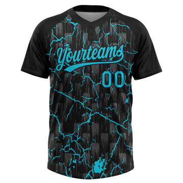 Custom Black Lakes Blue-Gray Raglan Sleeves Neon Lightning Crackle Two-Button Unisex Softball Jersey