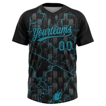 Custom Black Teal-Gray Raglan Sleeves Neon Lightning Crackle Two-Button Unisex Softball Jersey