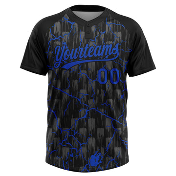 Custom Black Thunder Blue-Gray Raglan Sleeves Neon Lightning Crackle Two-Button Unisex Softball Jersey