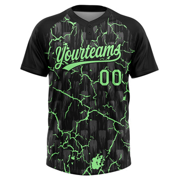 Custom Black Pea Green-Gray Raglan Sleeves Neon Lightning Crackle Two-Button Unisex Softball Jersey