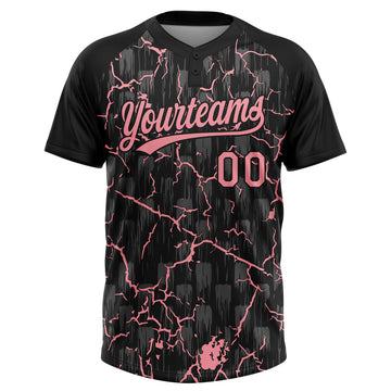 Custom Black-Medium Pink Raglan Sleeves Neon Lightning Crackle Two-Button Unisex Softball Jersey