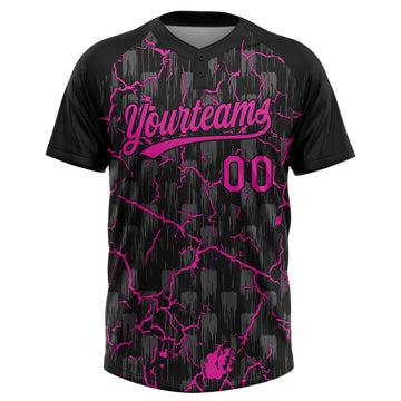 Custom Black Deep Pink-Gray Raglan Sleeves Neon Lightning Crackle Two-Button Unisex Softball Jersey