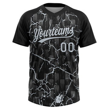 Custom Black Silver Silver-Gray Raglan Sleeves Neon Lightning Crackle Two-Button Unisex Softball Jersey