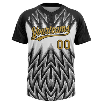 Custom Black Old Gold-White Raglan Sleeves Abstract Geometric Chevron Zigzag Two-Button Unisex Softball Jersey
