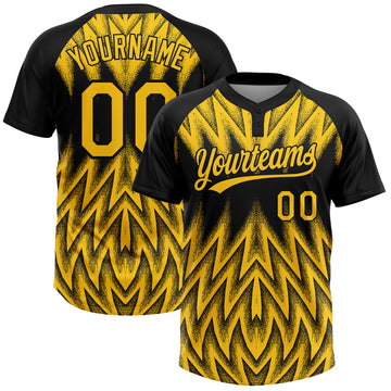 Custom Black-Yellow Raglan Sleeves Abstract Geometric Chevron Zigzag Two-Button Unisex Softball Jersey