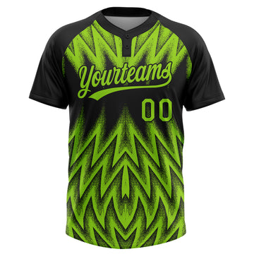 Custom Black-Neon Green Raglan Sleeves Abstract Geometric Chevron Zigzag Two-Button Unisex Softball Jersey