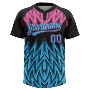 Custom Black Sky Blue-Pink Raglan Sleeves Abstract Geometric Chevron Zigzag Two-Button Unisex Softball Jersey