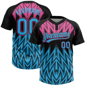 Custom Black Sky Blue-Pink Raglan Sleeves Abstract Geometric Chevron Zigzag Two-Button Unisex Softball Jersey