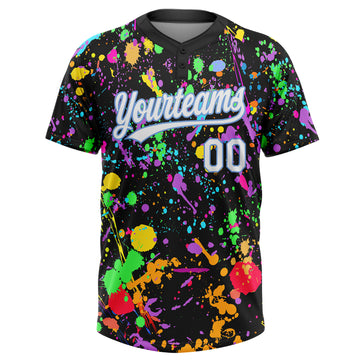 Custom Graffiti Pattern White-Light Blue Multicolor Paint Splatter Two-Button Unisex Softball Jersey