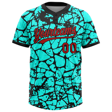 Custom Aqua Red-Black Abstract Network Crackle 3D Pattern Two-Button Unisex Softball Jersey
